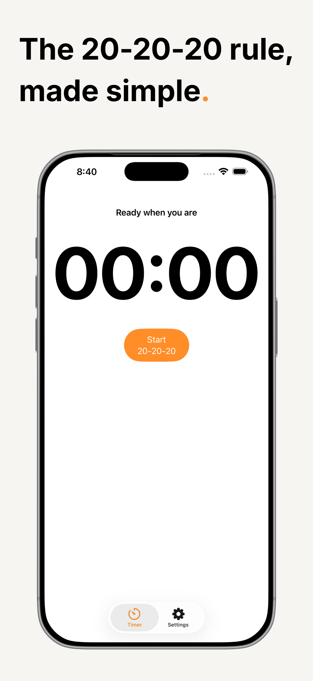 Twenty timer showing 00:00 with a Start 20-20-20 button, above the caption “The 20-20-20 rule, made simple.”