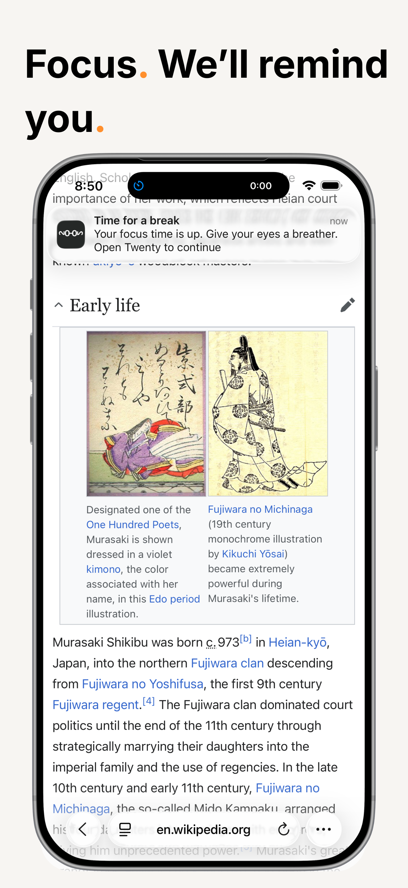 A Twenty notification reading “Time for a break — your focus time is up” arriving over Safari.