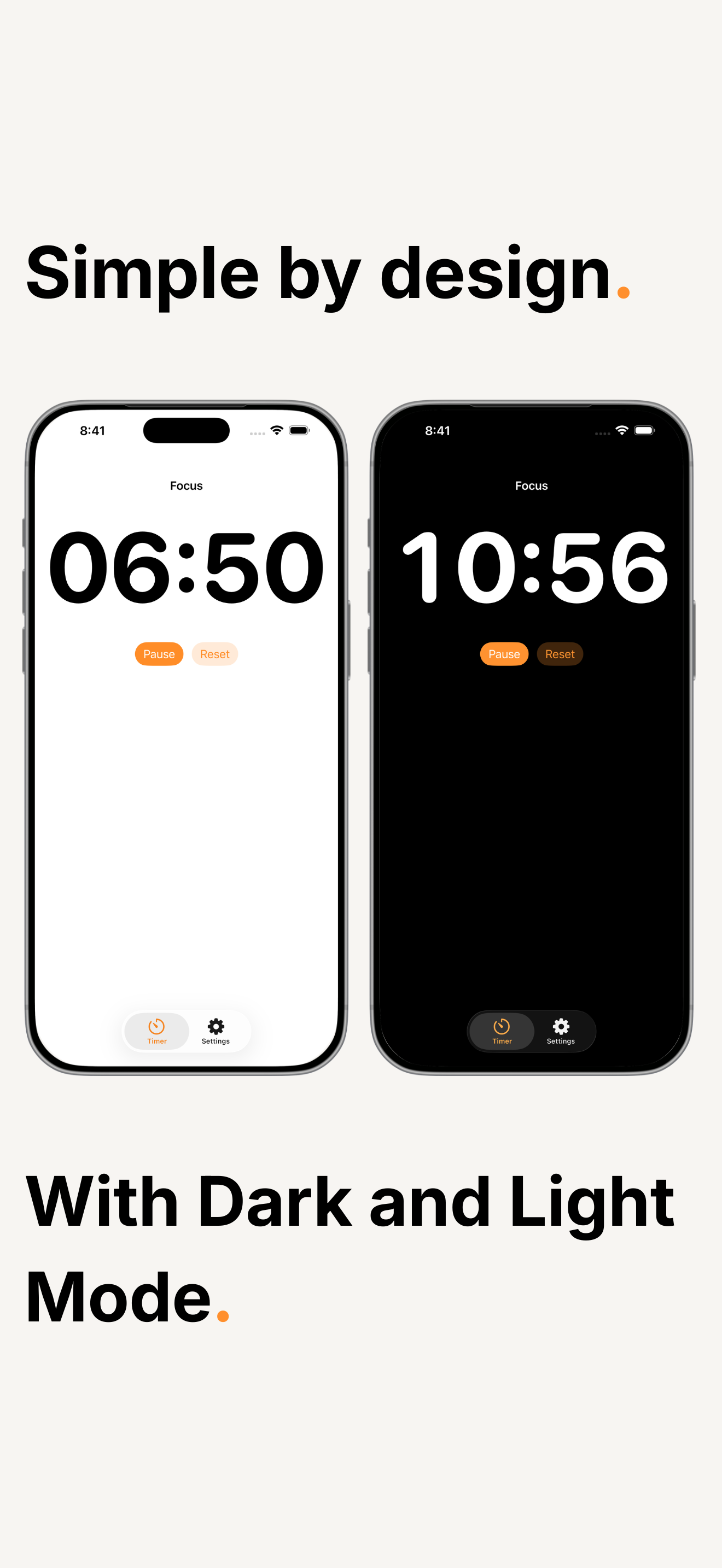 Two Twenty focus timers side by side, one in light mode and one in dark mode.